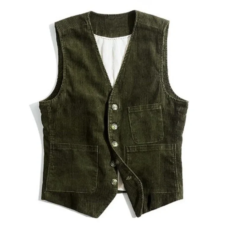 Cross-border men's spring and autumn retro corduroy workwear vest pocket stitching solid color single-breasted British jack