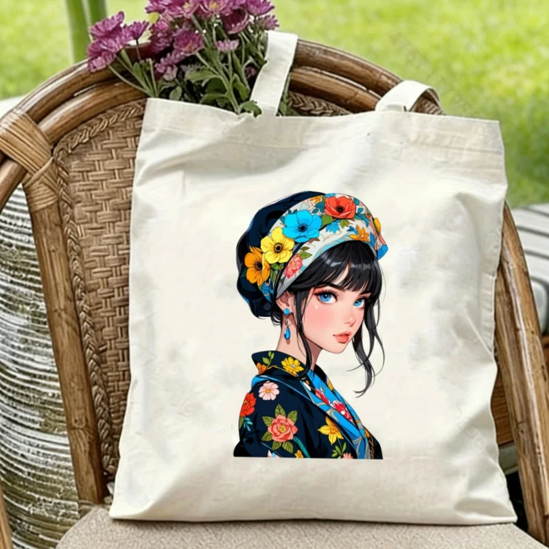 

Floral Headband Art Girl Double Sided Printed Canvas Tote Bag Unisex Casual Shoulder Shopping Handbag