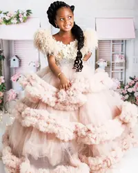 Blush Pink Feather Girl Pageant Dress Customized Tiered Flower Girls Dresses for Wedding Kids Ruffles Party Birthday Gowns