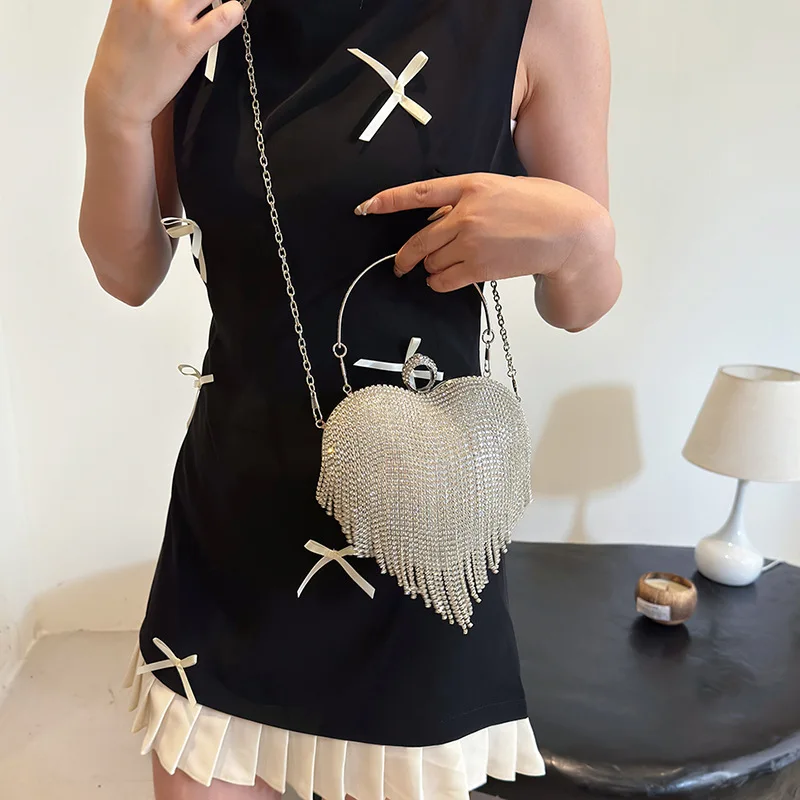 Tassel Diamond Handbags for Women 2024 Trend Fashion Evening Bag Chic Party Cute Luxury High Quality Heart Female Shoulder Bag