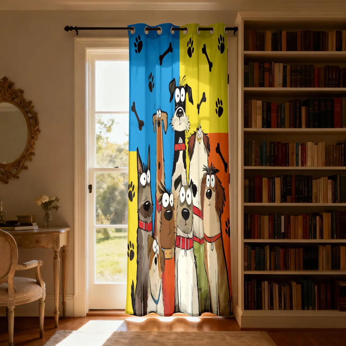 1pcs 90g brushed fabric curtain featuring cartoon dog group image paw print and bone patterns, suitable home decoration