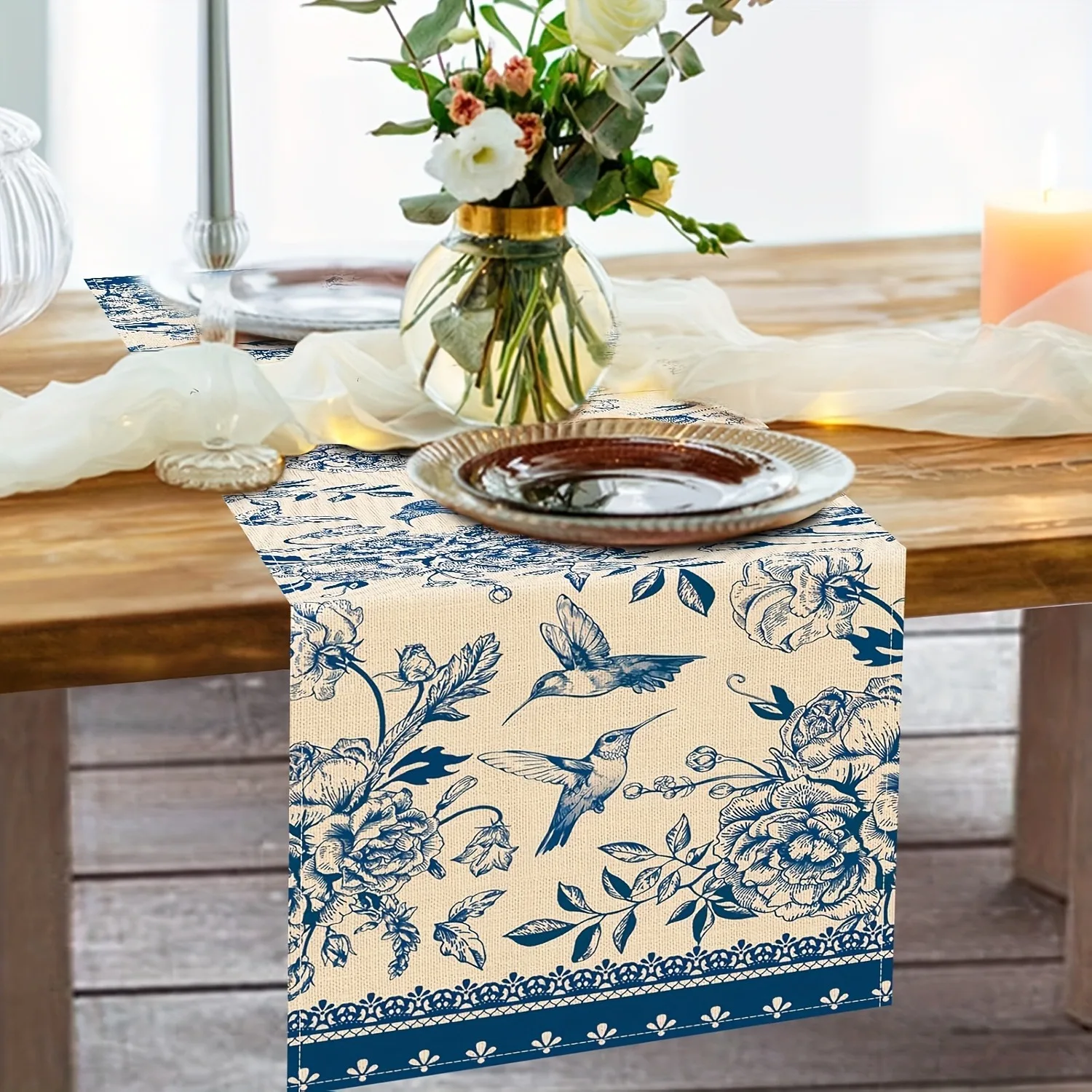 Vintage Blue Sketch Hummingbird & Peony Table Runner, Linen‑Texture Anti‑Slip Dining Table Decor, Elegant Botanical Printed Tabl