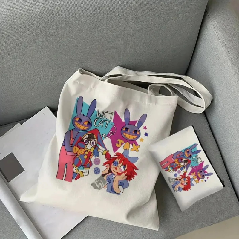 

2pcs/set Digital Circus Shoulder Bag Fashion Handbag Ladies Cosmetic Organizer Eco Large Capacity Shopping Bag Wallet Gift