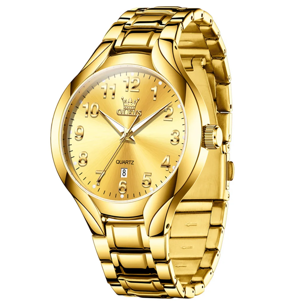 OLEVS Luxury All-Gold Men Dress Watch Quartz Numbers Date Window Polished Stainless Steel Bracelet Wristwatch Waterproof