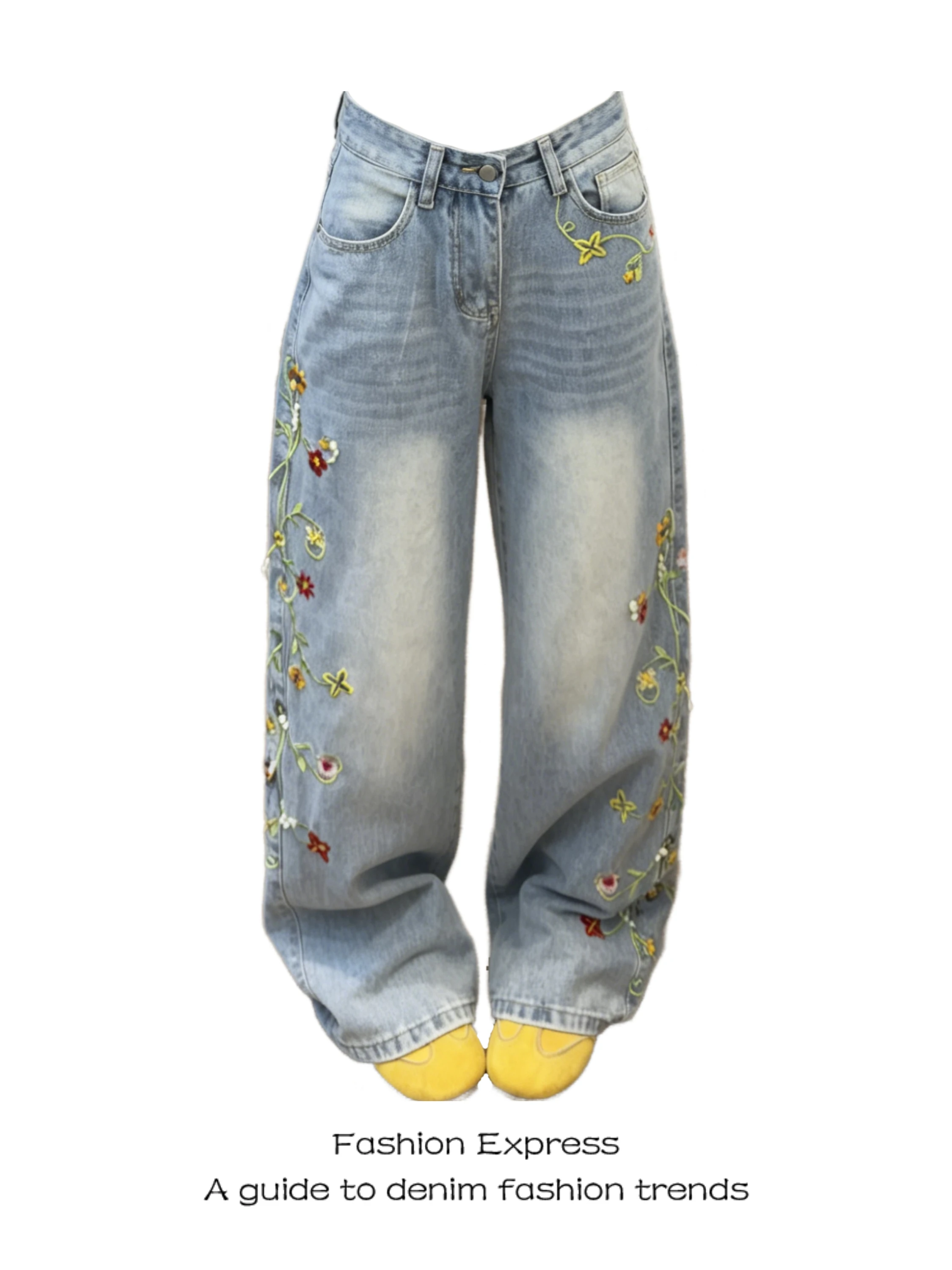 

Floral Vine Embroidered Straight Leg Jeans Women Summer Trendy Loose Washed Outdated Wide Leg High Waist Denim Pants