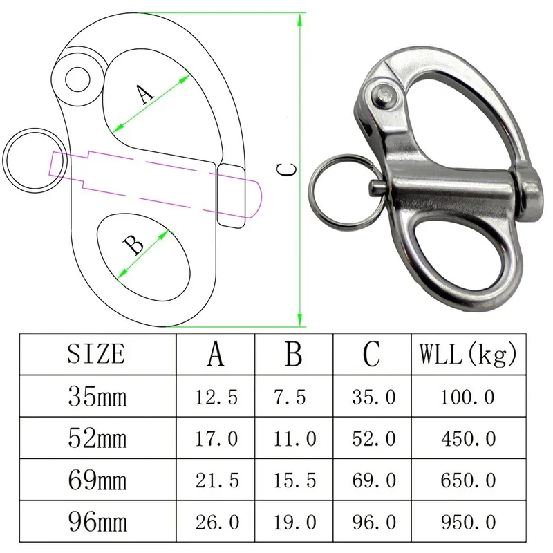 5Pcs 35mm Stainless Steel Mini Fixed Snap Shackle Quick Release Fixed Shackles with Round Ring Marine Boat Rigging Hardware 5pcs