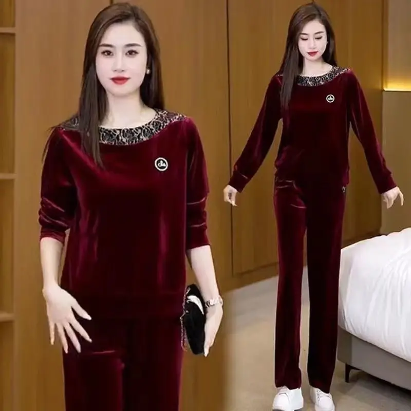 Gold Velvet Fashionable Temperament Age-reducing Slimming and Casual 2025 Autumn New Long Straight Pants Suit