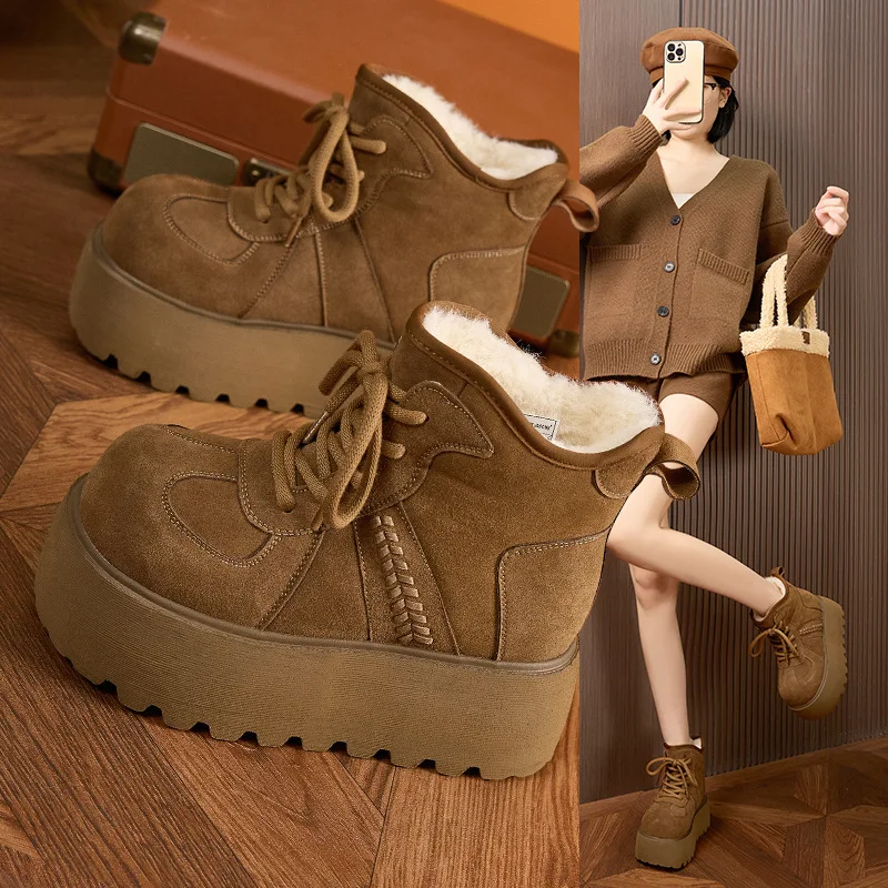 

Women Fashion Winter Boots Genuine Leather Thick Sole Fur Lined High Top Snow Shoes