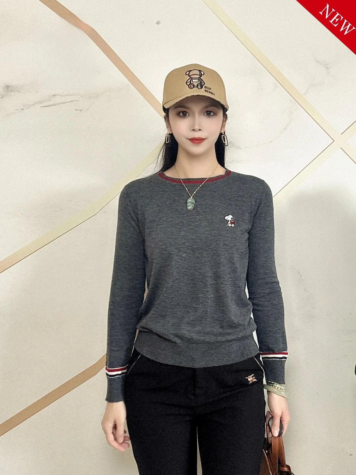 

Autumn Winter New round Neck Woolen Sweater Women's Anti-Aging Casual Versatile Striped Dog Long Sleeve Knitted Shirt Trendy