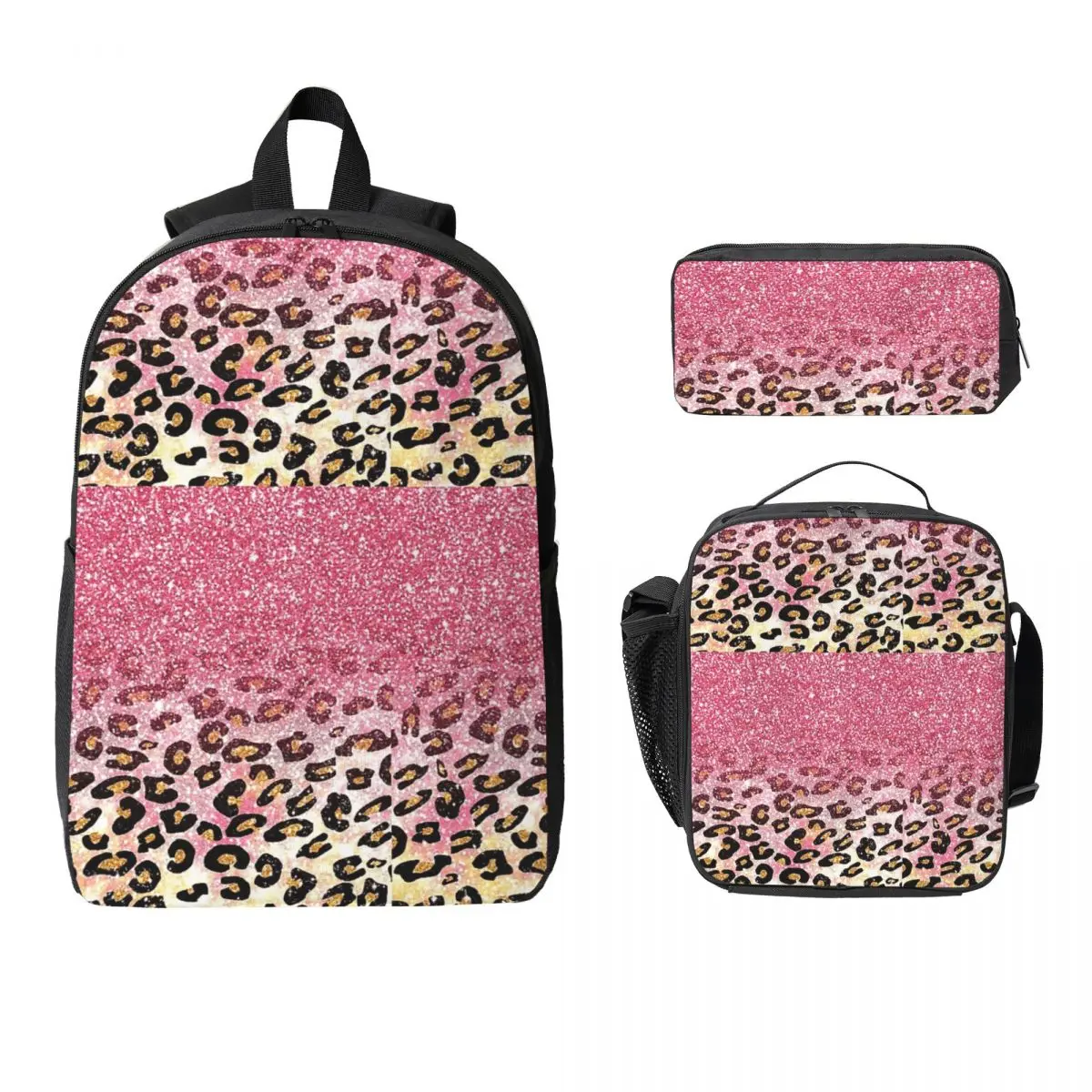 

Bubble Gum Pink Faux Glitter Leopard Animal Print Backpack Boys Girls BookBag School Bag 3ps Insulated Lunch Bag Pencil Case