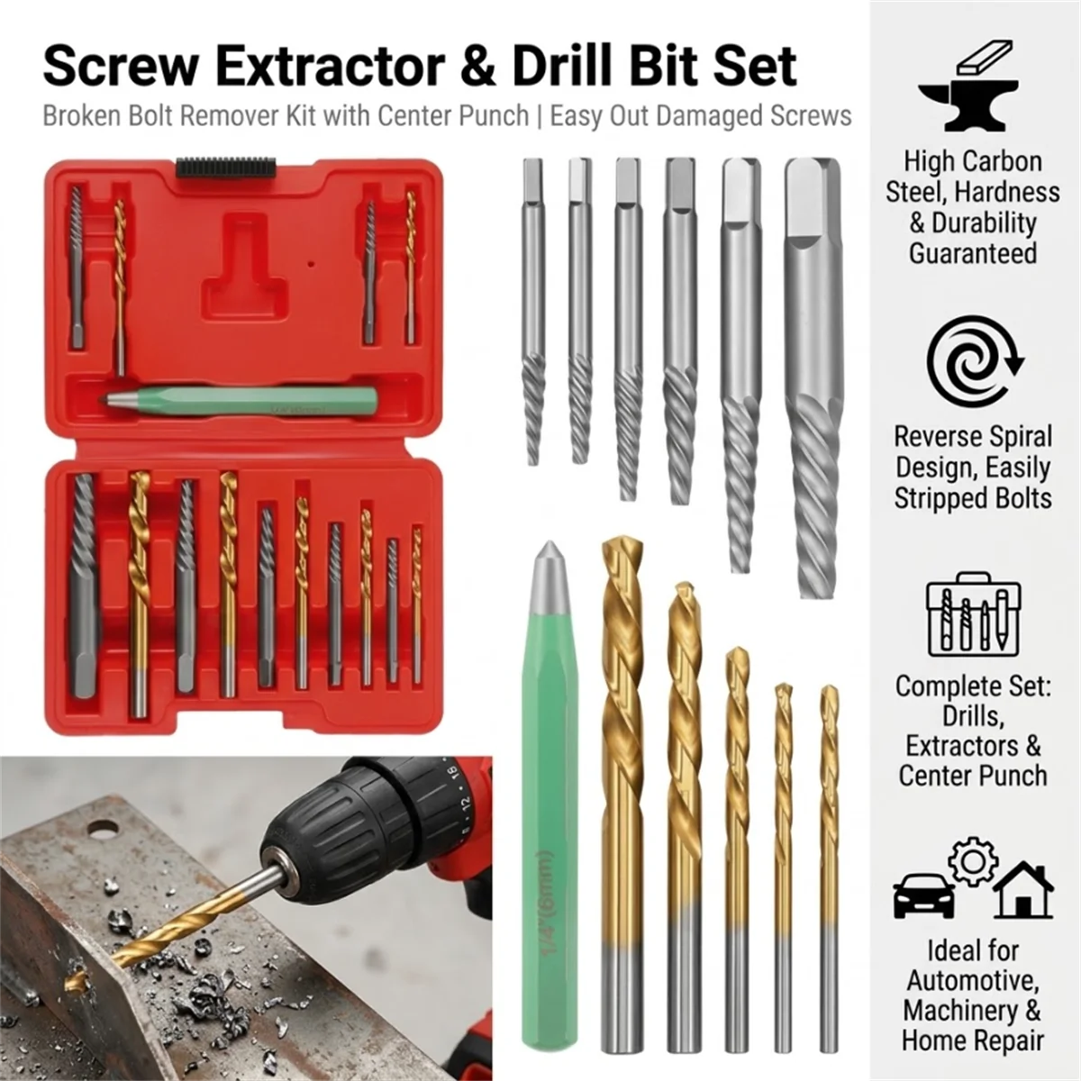 15Pcs Damaged Screw Extractor Set Left Hand HSS Drill Bits Center Punch Broken Bolt Stud Remover Tool Kit For Auto Repair DIY