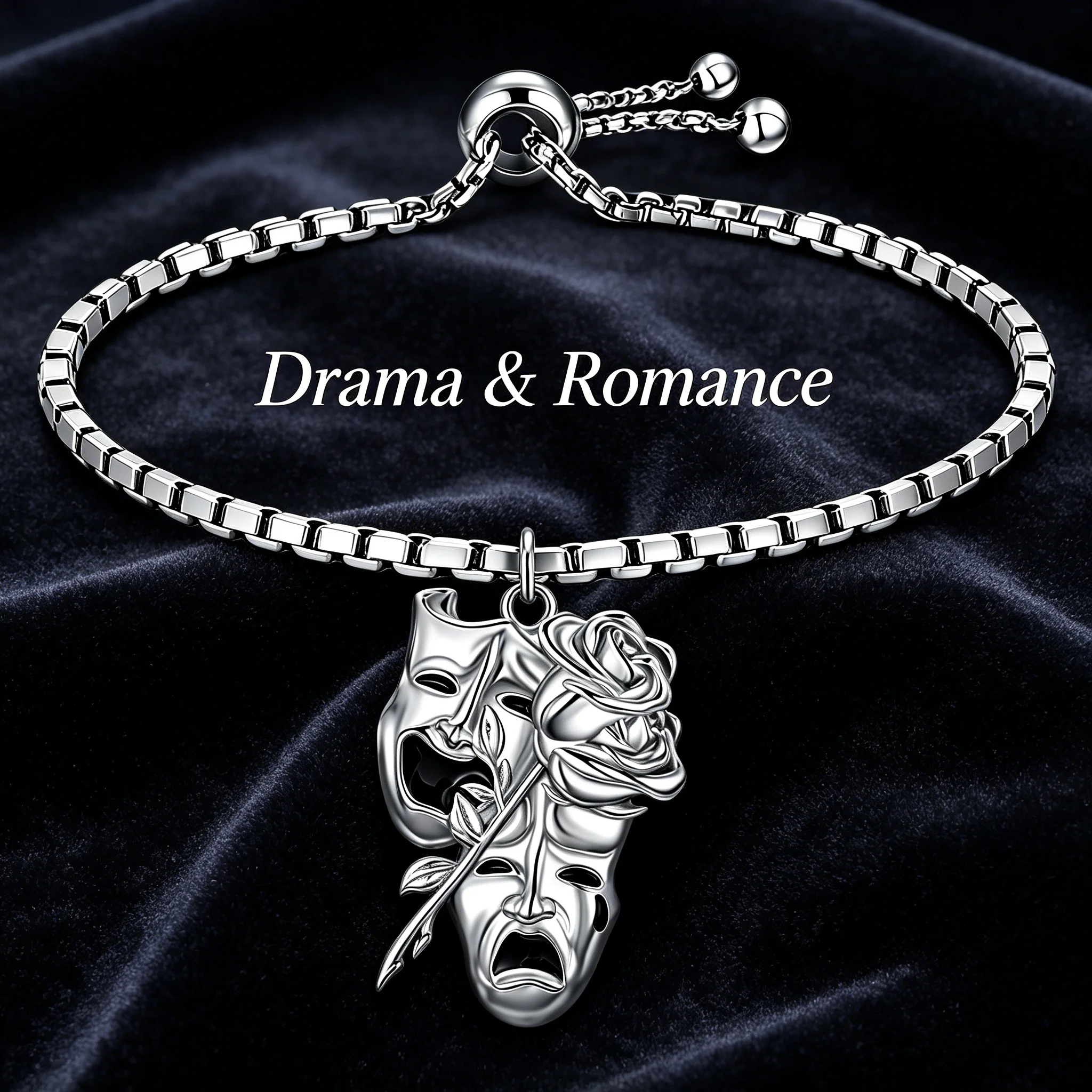 Vintage Silvery Zinc Alloy Drama Mask Rose Adjustable Bracelet Theater Actor Actress Actress Jewelry for Women Girls Gift