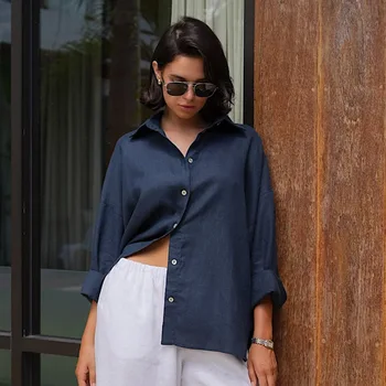 Bornladies 100% Cotton Spring Summer Versatile Lazy Casual Shirt Women's Fashionable Solid Color Loose Shirt Cardigan Shirt 4