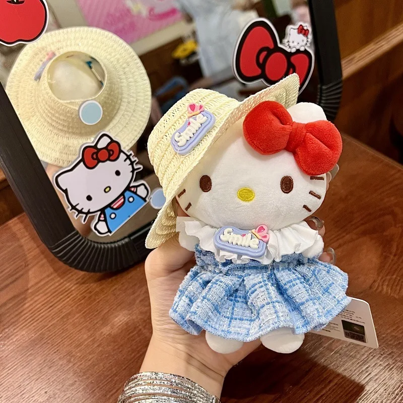 헬로 키티 여름 패션 Diy 밀짚 모자 양모 모자 블루 스커트 가방 펜던트 Kt 고양이 키 체인 키즈 팬 선물