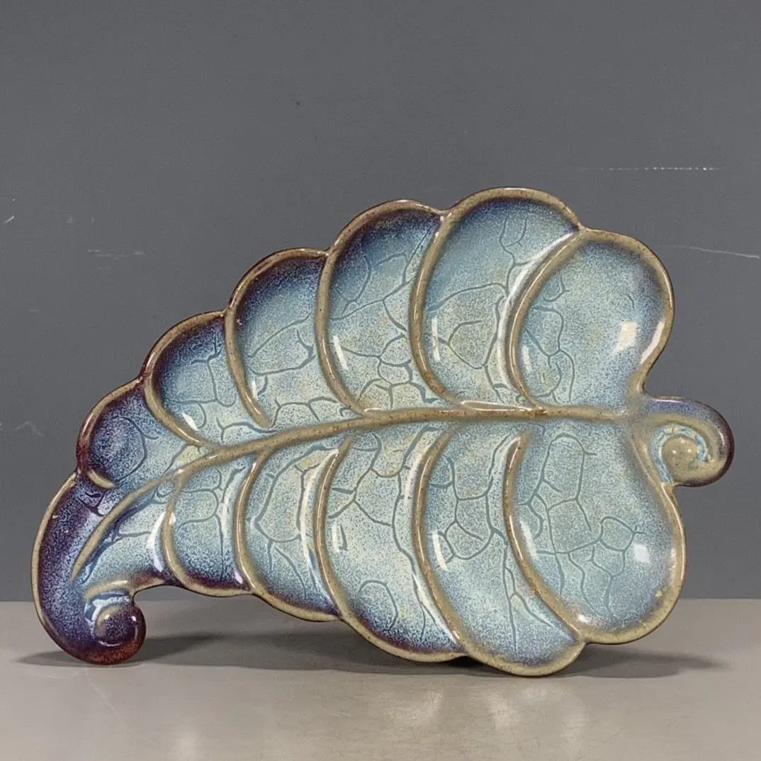 Chinese antique porcelain ceramics Song Jun porcelain red glaze leaf pattern appreciation plate decorative artwork ornaments