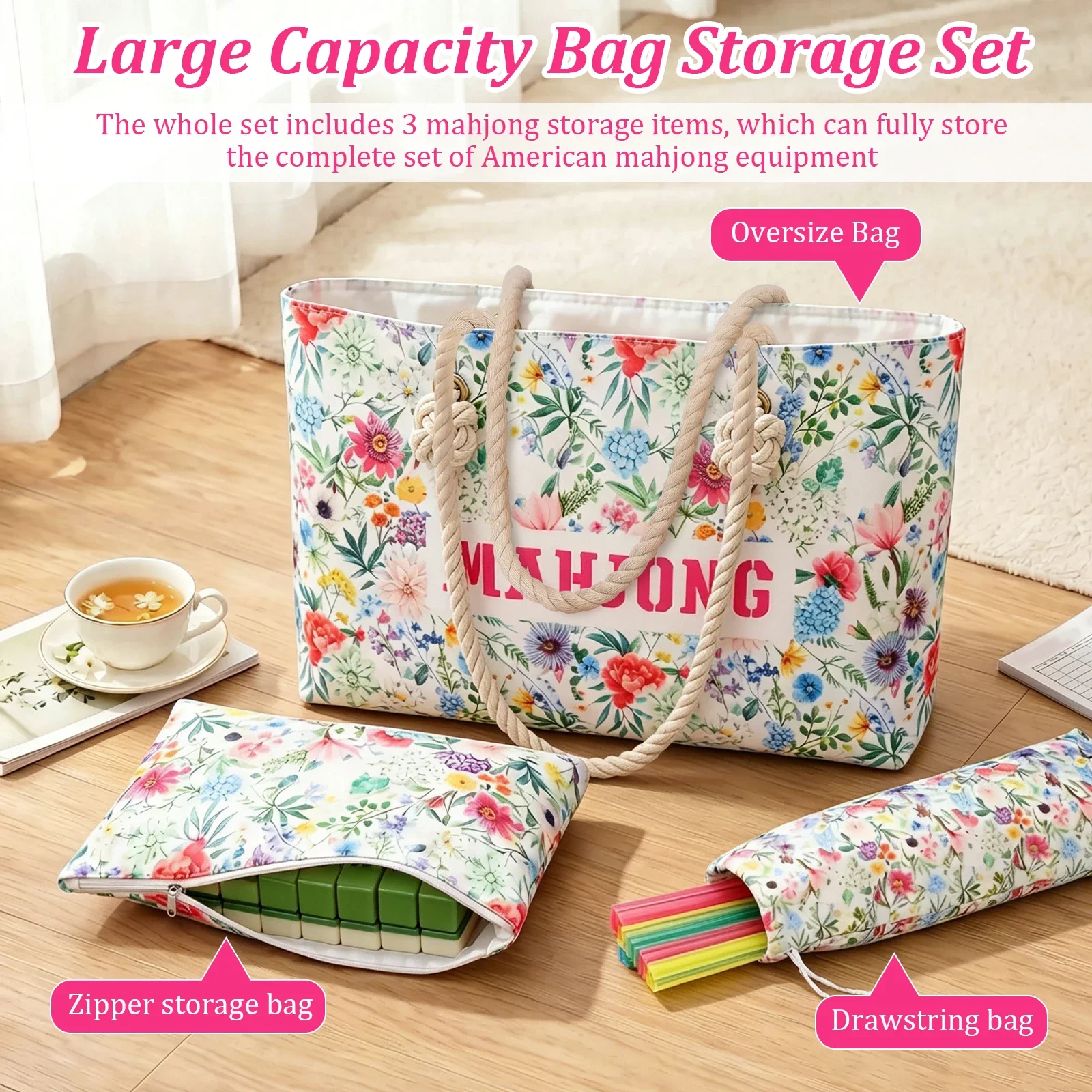 3Pcs Floral Mahjong Storage Bag Set Large Capacity Mahjong Carrying Bag Water Resistant and Tear Resistant Makeup Tote Bag