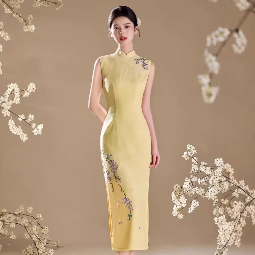 yourqipao-summer-double-layer-embroidered-jacquard-long-yellow-sleeveless-qipao-elegant-waist-slimming-cheongsam-for-women