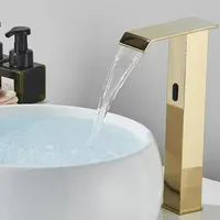 Gold Sensor Waterfall Basin Faucet Automatic Sensor Touchless Sink Basin Hot Cold Water Mixer Crane Bathroom