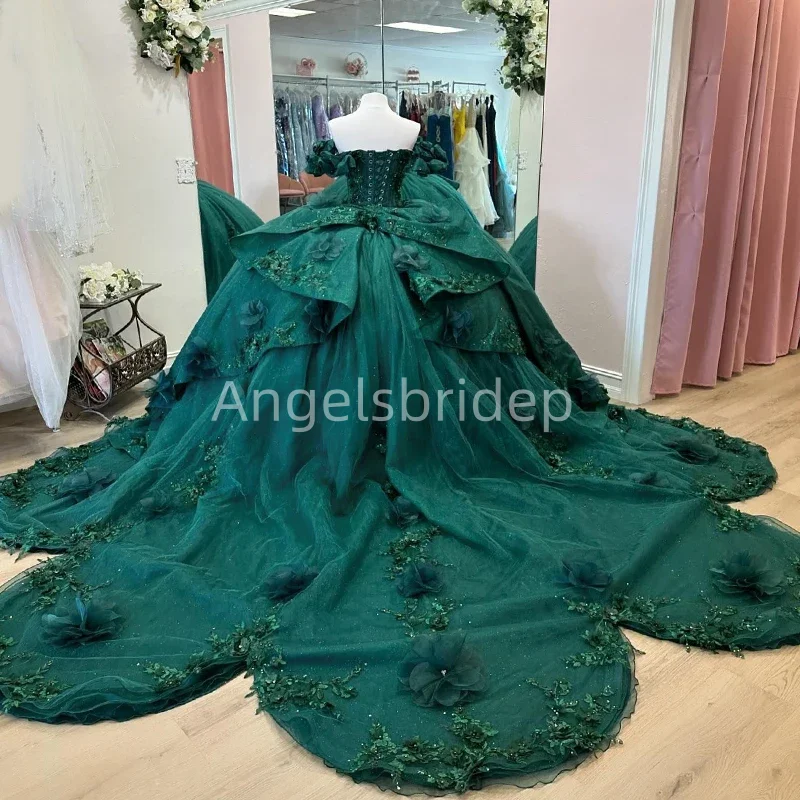 Angelsbride-Vestido Quinceanera Quinceanera com apliques 3D, verde esmeralda luxuoso, vestido de festa, 15 anos