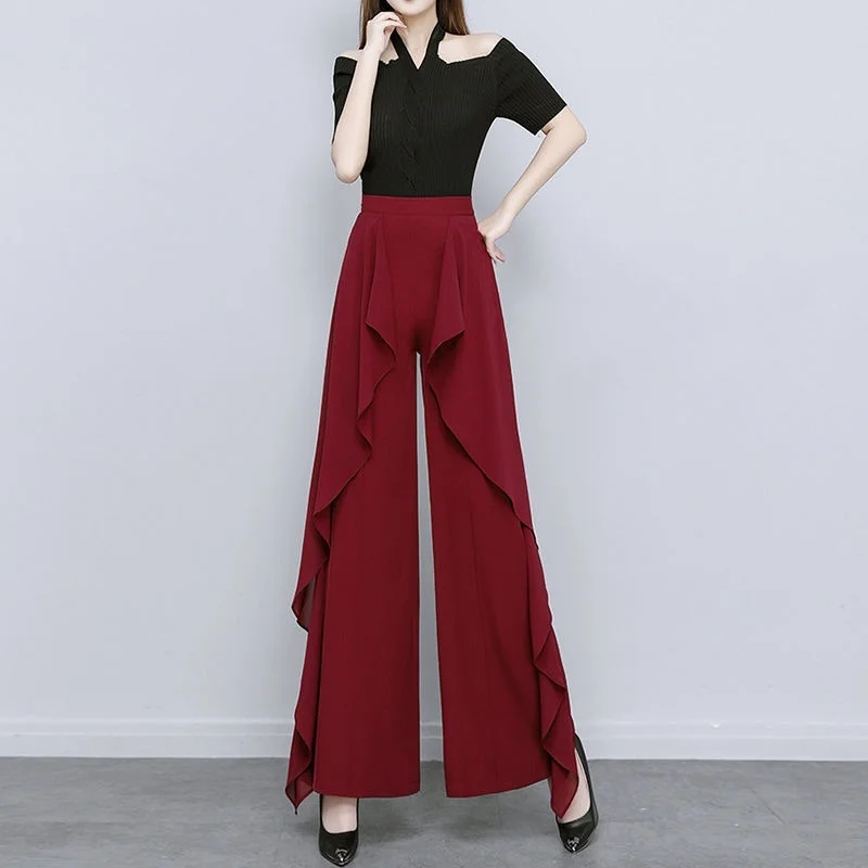 Chiffon Flared Pants Women Long Flare Leggings Sexy Palazzo Wide Leg Black Trousers Aesthetic Trendeez Fashion Bell Pants Woman