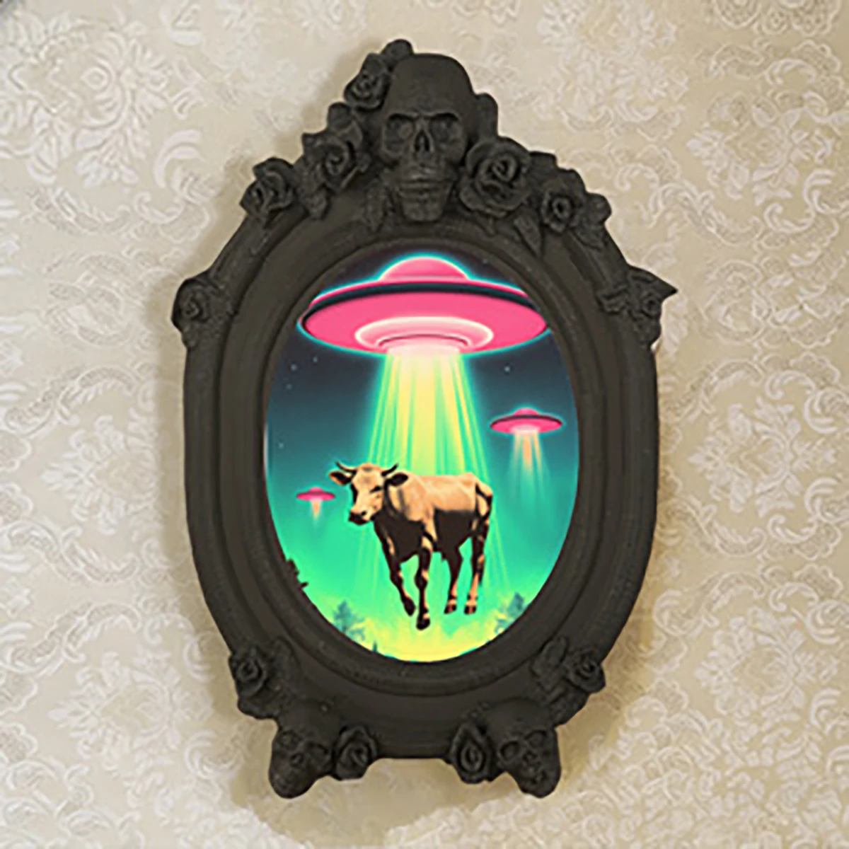 Cross-Border Dark Gothic Skull Carved UFO Cow Themed Wall Art for Retro Home Wall Decoration