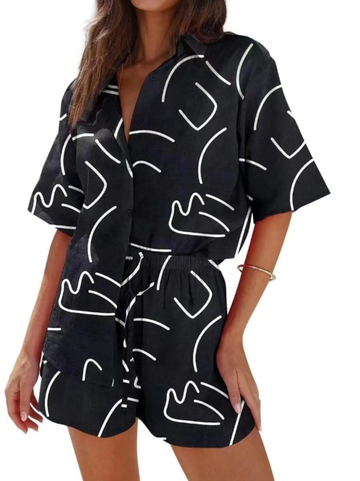 

Летний комплект Faion с одной пуговицей ort Sve irt And orts, женский повседневный костюм-двойка с принтом, воротник из полиэстера