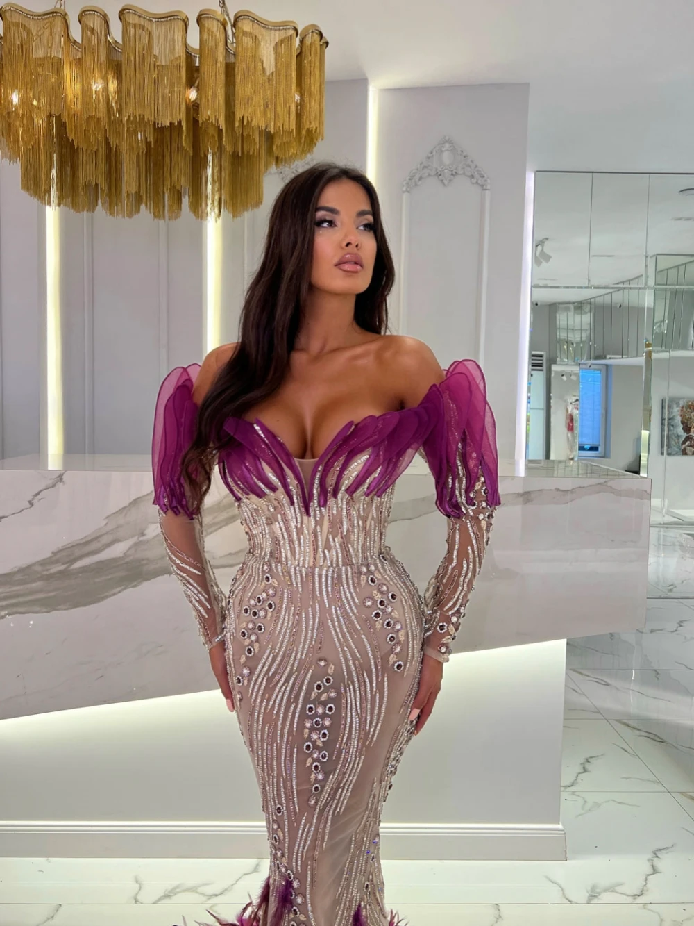 Vestido De cóctel largo De sirena De lujo, vestido De noche De cristal con cuentas brillantes, vestido De graduación con plumas moradas, Vestidos De Novia personalizados