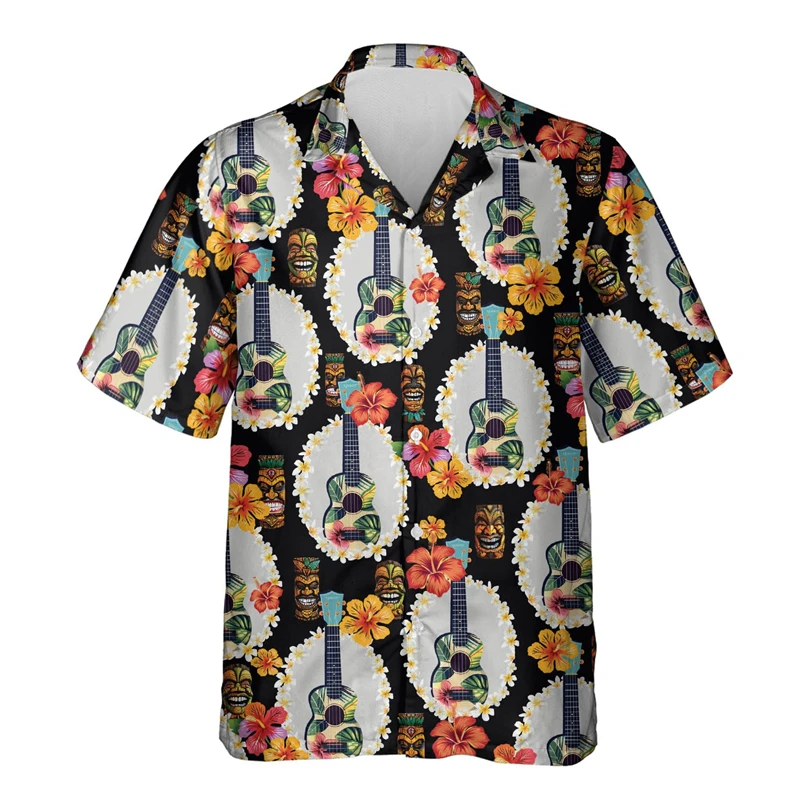 Camisas Ukulele masculina, camisa de praia casual, instrumento havaiano, blusa lapela cantora masculina, roupa de menino, moda