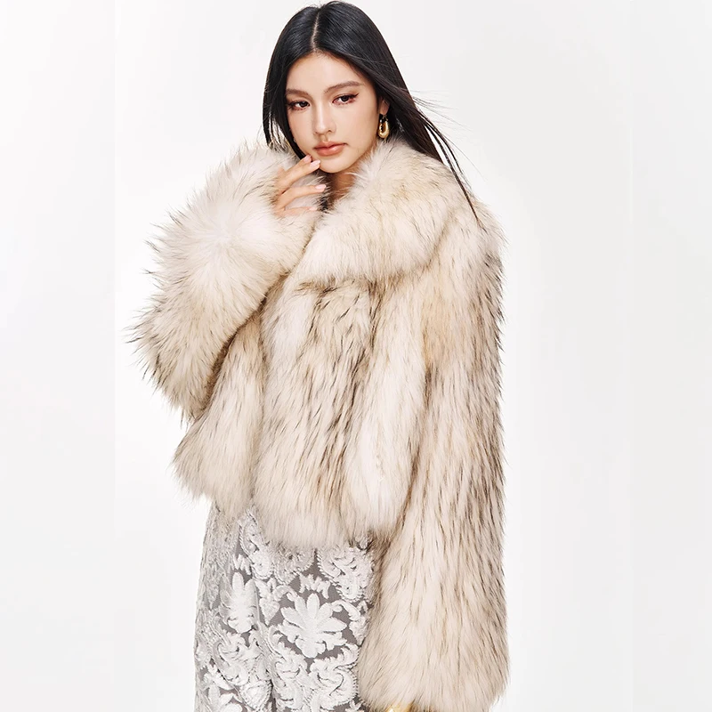 Ftangaiur Women Winter Import Raccoon Dog Fur Coat Light Color Fur Coats Turn-Down Collar Short Natural Raccoon Dog Fur Coats