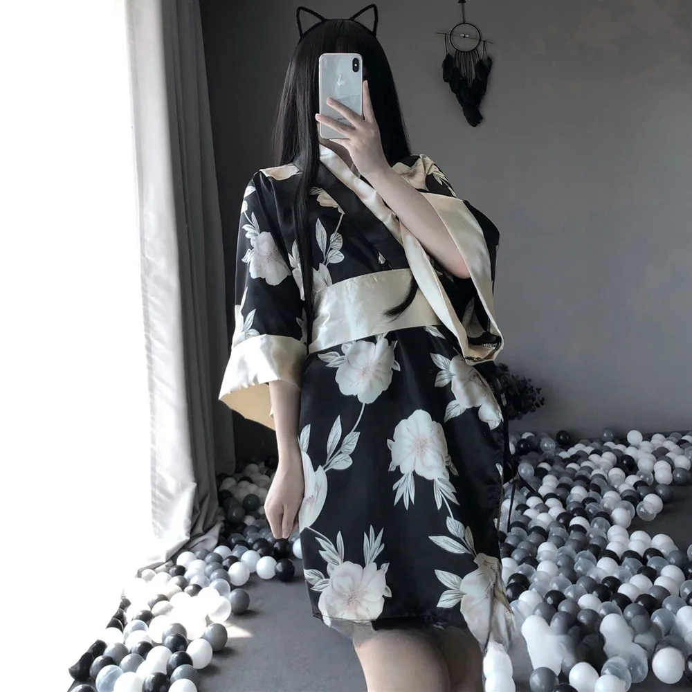 زي الكيمونو الياباني أزياء الإغراء التأثيرية مجموعة الملابس الداخلية الغريبة ملابس النساء فضفاضة طويلة الأكمام مثير الدانتيل يصل منامة #3