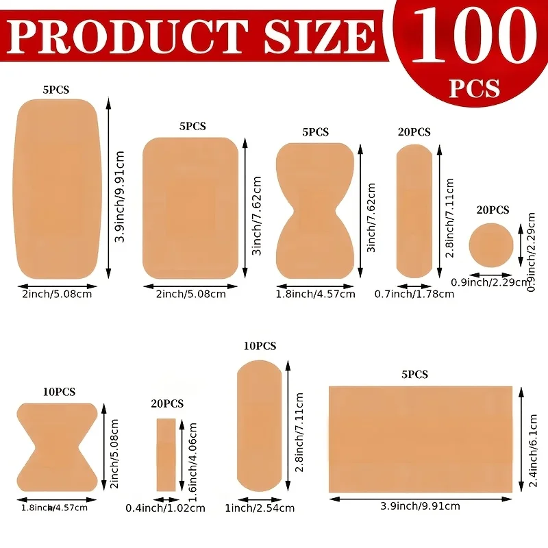 100pcs assorted adhesive bandages, featuring nine styles of breathable butterfly dressings for wound care.