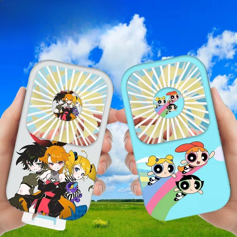 New The Powerpuff Girls Blossom Buttercup Bubbles Anime Peripheral Creative Summer Portable Handheld High Wind Silent Small Fan