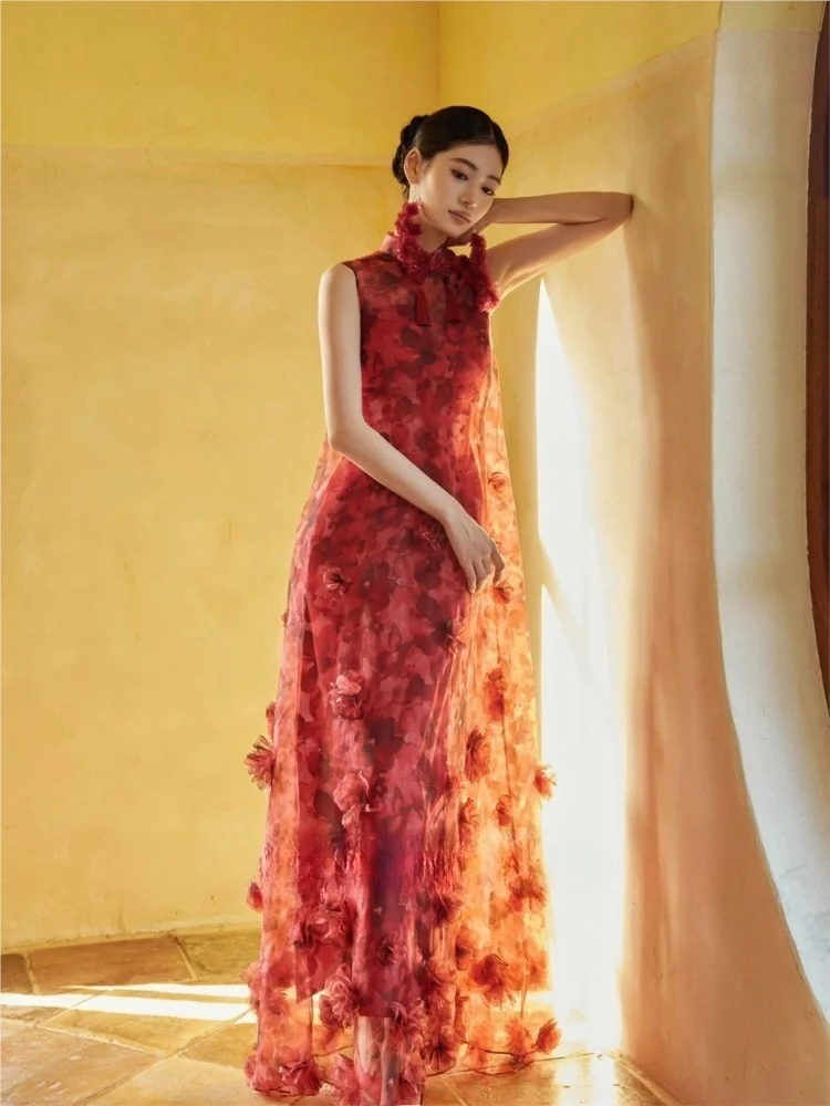 New Chinese-style red cheongsam toasting dress bride's morning gown sleeveless engagement and wedding female return