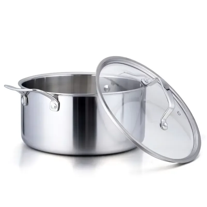 304 Stainless Steel Soup Pot Three Layer Thickened Bottom Large Capacity Cooking Pan With Glass Lid Compatible With All