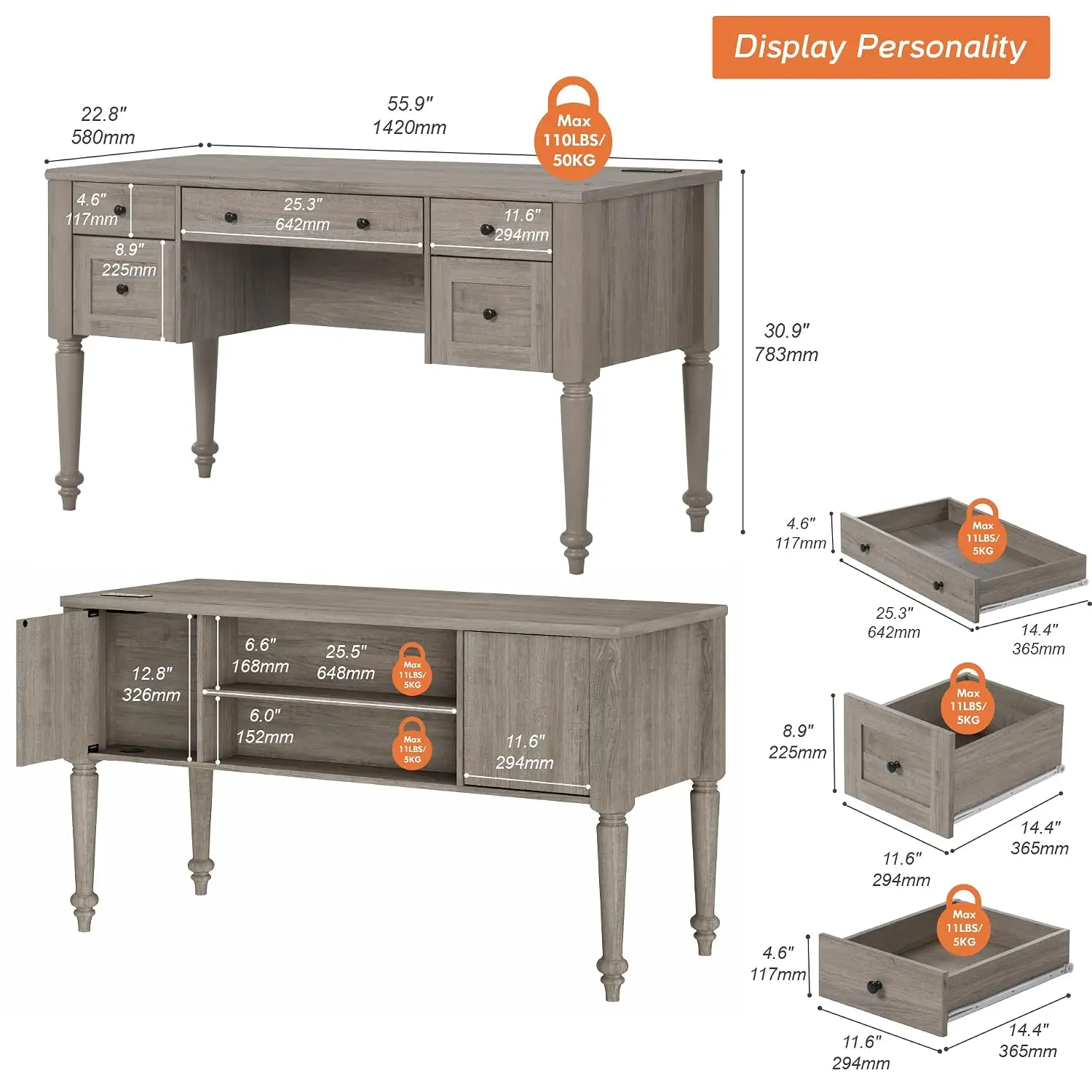 Farmhouse Executive Desk With Drawers & Charging Station, Storage Cabinet & Open Shelf, 56 Inch, Grey, Customized