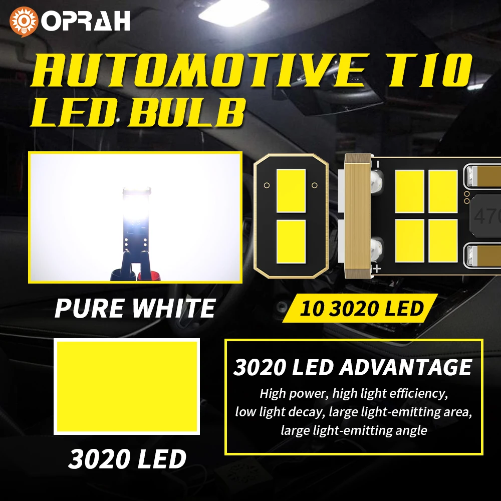 Oprah 10x T10 W5W 194 501 Led Canbus No Error 3020 10SMD For Car Interior Light Instrument Lights Dome Reading Signal Lamp White