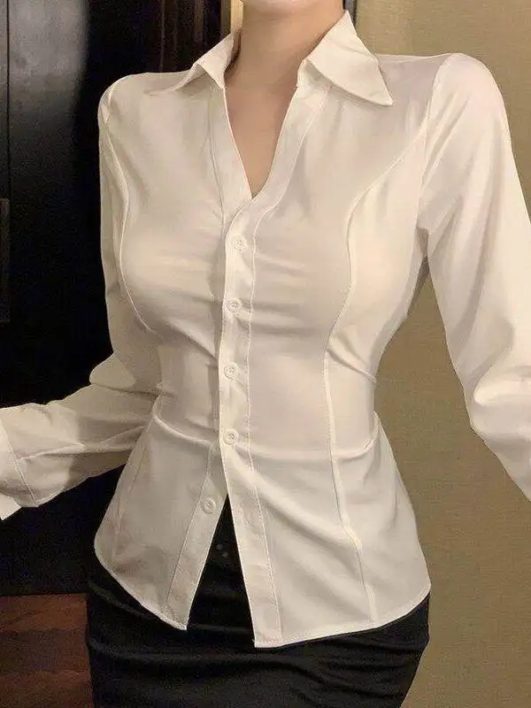 Sexy V-Neck Long Sleeve White Shirt Slimming Secretary OL Uniform Set Professional Workwear Autumn Winter Design High Waist P... view 2