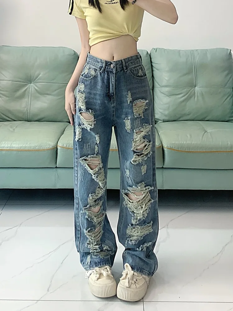 Lady Casual High Waisted Baggy Ripped Slouchy Jeans for Women Clothing Girls Fashion Denim Wide Leg Pants Female Clothes B2131