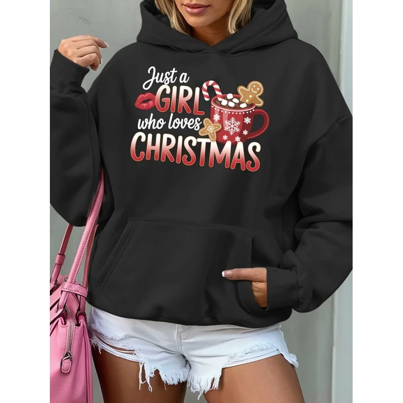 Christmas-themed printed hooded sweatshirt for women Autumn and winter fleece-lined casual long-sleeve sweatshirt Top