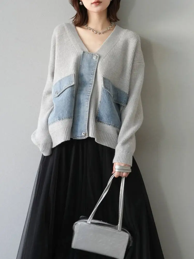 

Японский вязаный джинсовый открытый кардиган и юбка Me, женский осенне-зимний комплект однотонного цвета, длинный V Ne, свободный комплект Faion