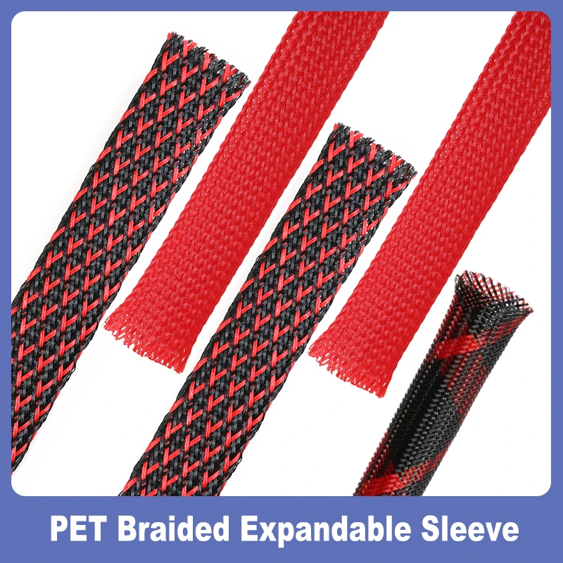 

1/2/5/10m Black-Red 2mm - 50mm Expandable Cable Sleeve Flexible PET Braided High Density Insulated Wire Protection Wrap Sheath
