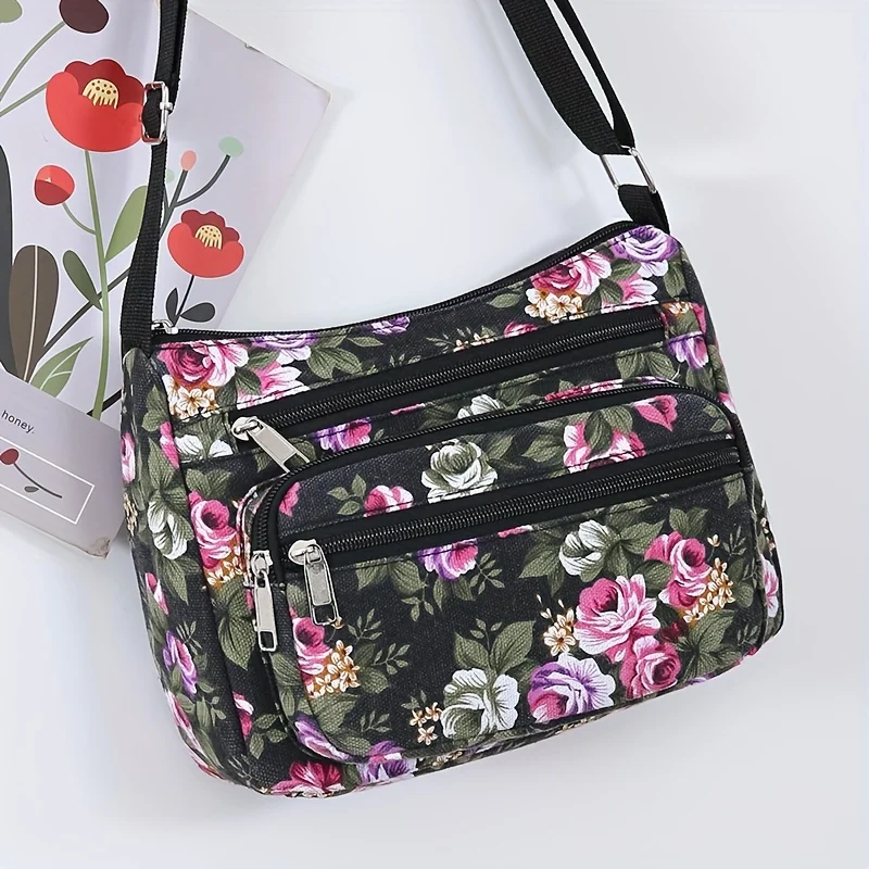 Stilvolle Umhängetasche mit Blumenmuster, lässige Schultertasche mit mehreren Reißverschlüssen und verstellbarem Riemen, für den täglichen Gebrauch im Freien – Detail 7