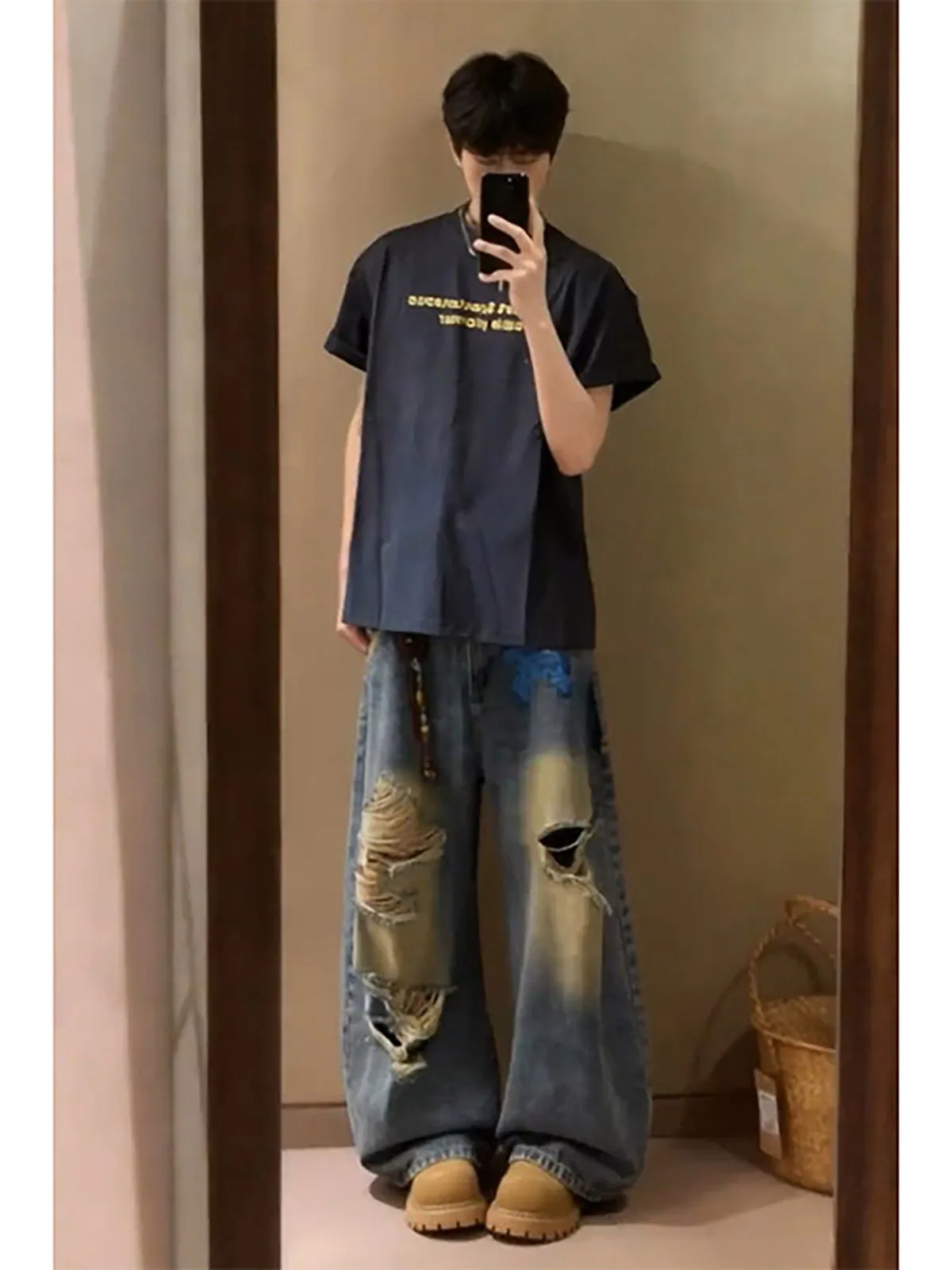 Calças Jeans Rasgadas e Desgastadas Unissex com Efeito Alongador de Pernas, Estampa Americana e Perna Larga Micro Flare