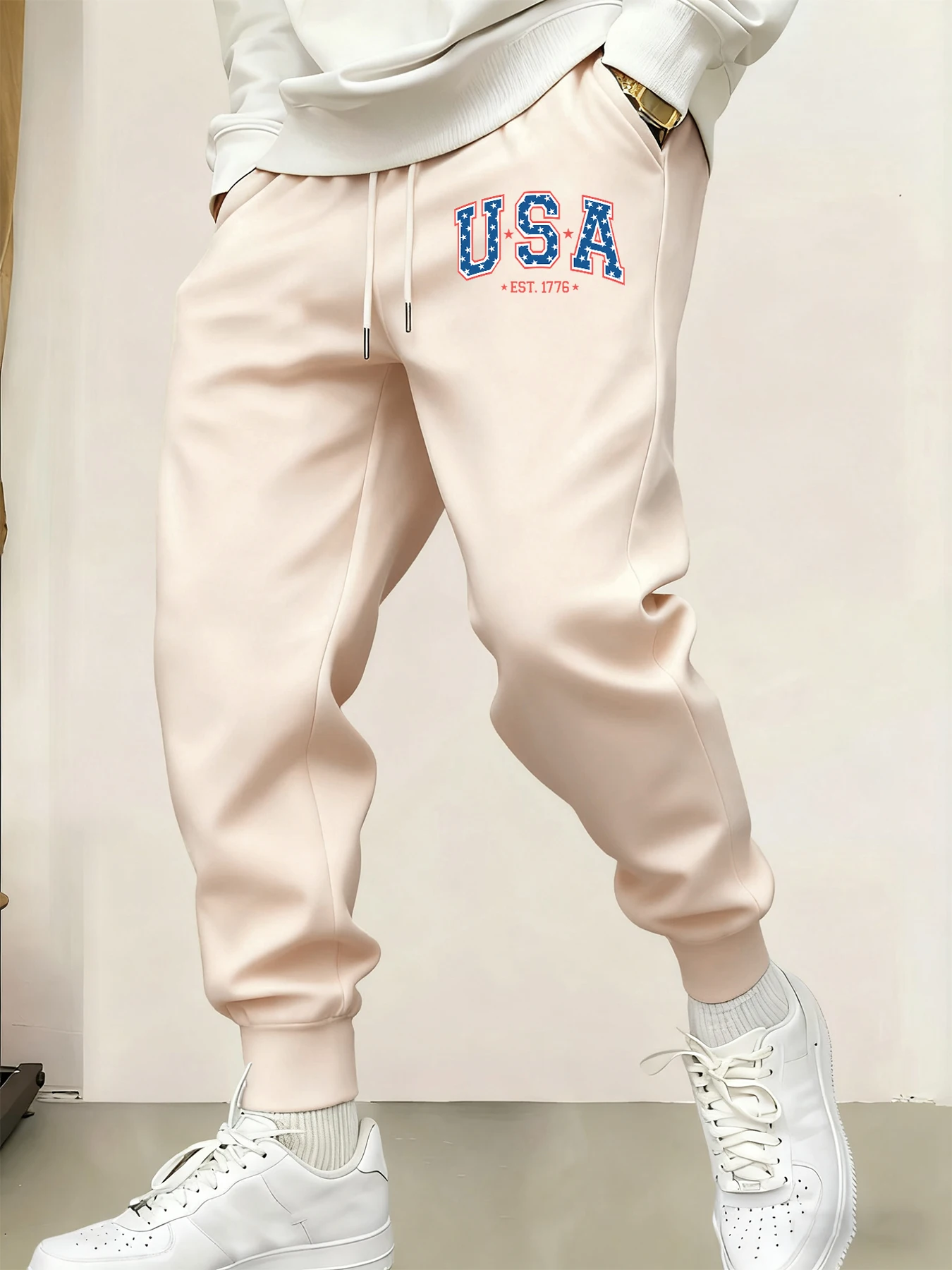 

Creative Usa Est 1776 Letter Print Pocket Sweatpants Men Casual Autumn Sportpants Trendy Fleece Long Pants Comfy Warm Trousers