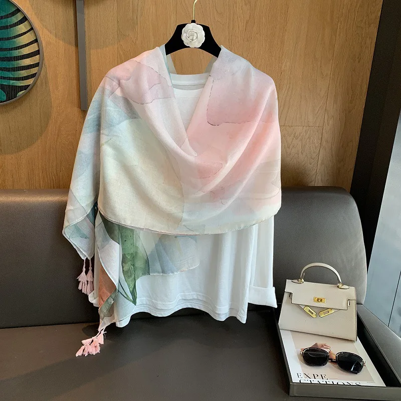 Fashion Ombre Ink Painting Floral Tassel Viscose Soft Scarf Cotton Shawls Women Perfect for Travel Casual Muslim Hijab 180*90Cm