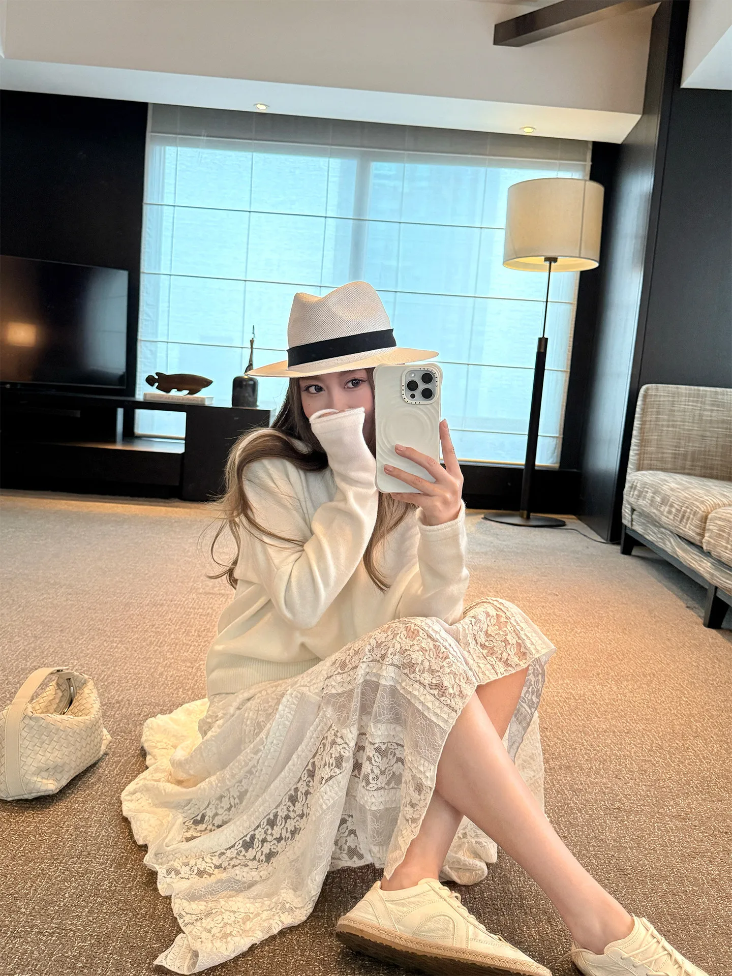 

4PRIL Irregular Lace High Waist Slimming Hollow out A-Line Skirt Women's Summer White Long Skirt Asymmetric Design
