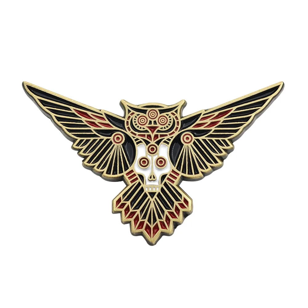 Gothic Owl Skull Enamel Pin Spread Wings Animal Brooches Mechanical Totem Lapel Pin Punk Rock Metal Badges Backpack Jewelry Gift