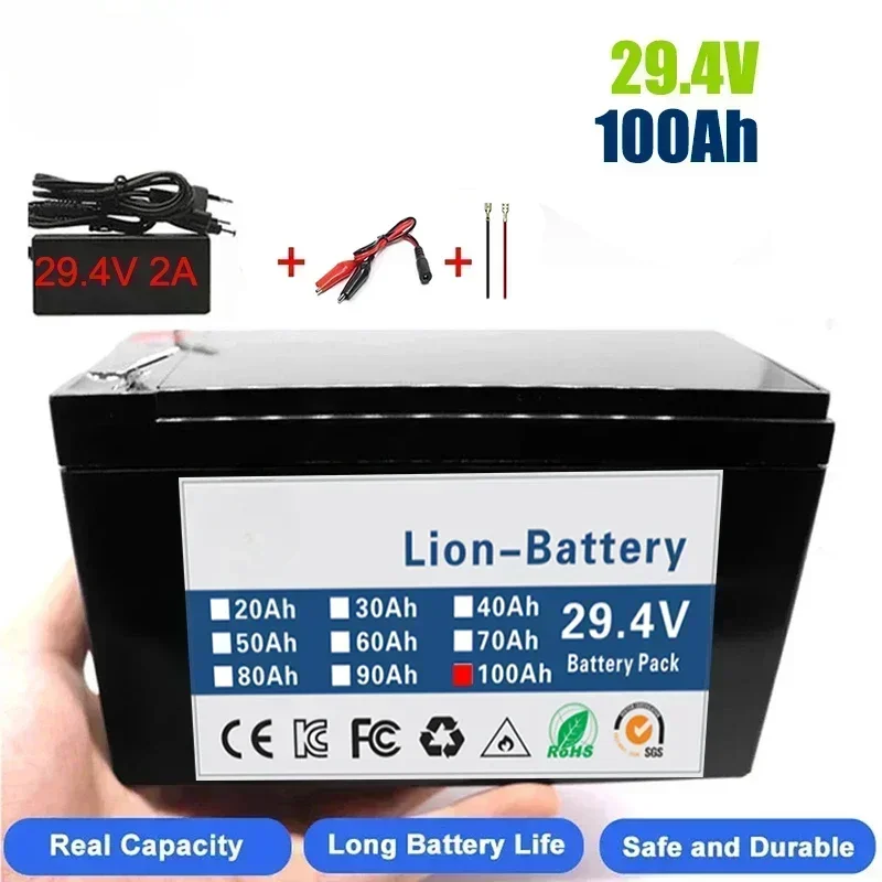 18650 29.4V Battery 100Ah Rechargeable Li-ion Battery Pack,LED Lamp Electric Vehicle Solar Storage Replacement Battery + Charger