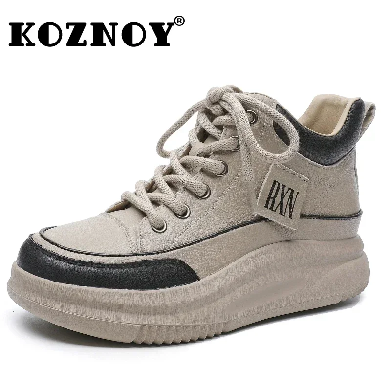 Koznoy 5CM Genuine Leather Women Lady Platform Wedge Plush Warm Causal Fall Autumn Winter Fashion Thick Bottom Sneakers Shoes