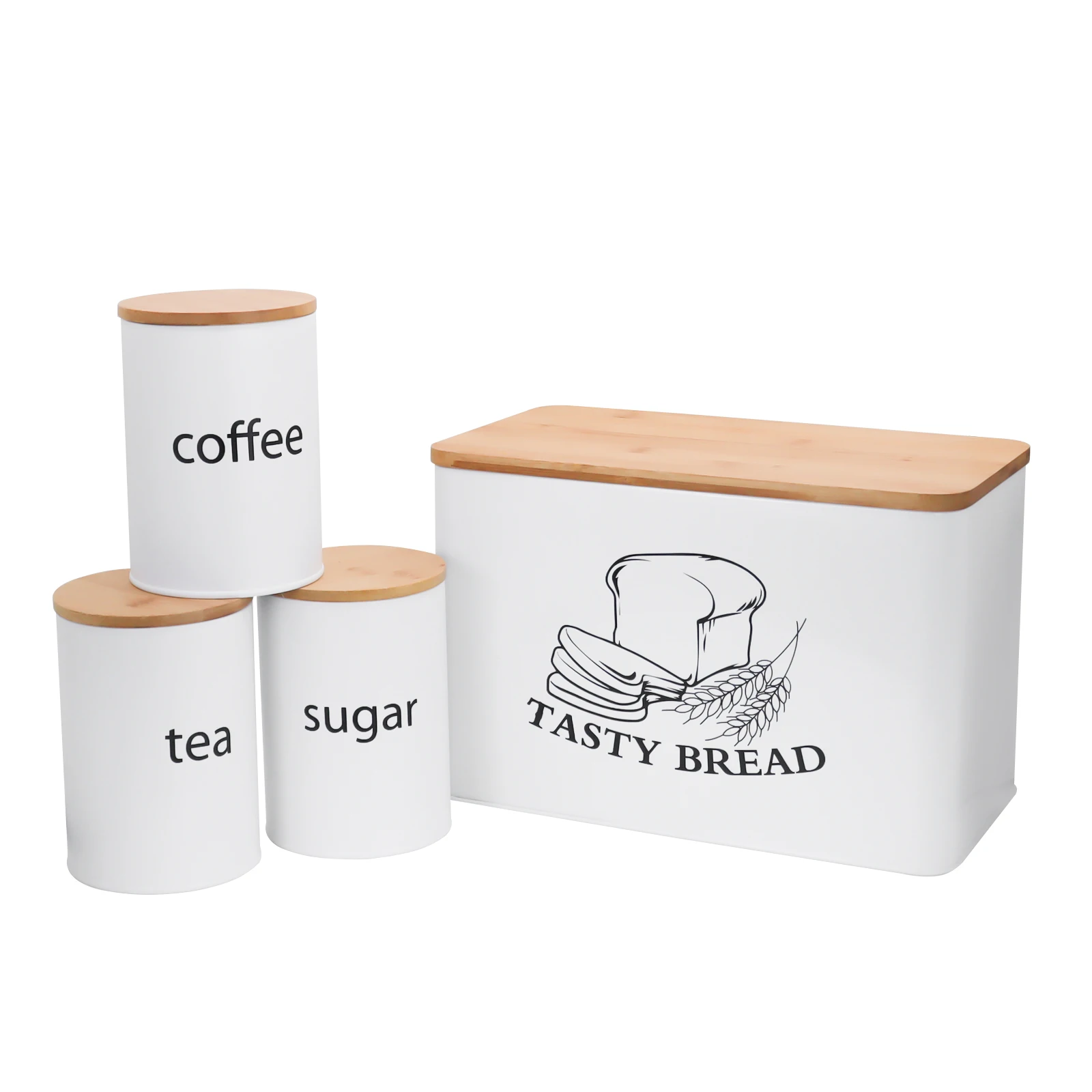 

Kitchen Bread Bin with Bamboo Board Cover, Coffee, Sugar, Tea Jar, Farmhouse Bread Box, Pastry Storage Container Set, White